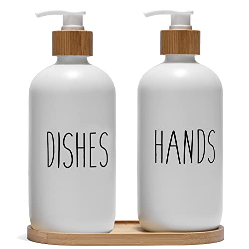 FEILANDUO Lot de 2 Distributeurs de Savon en Verre pour évier de Cuisine,Distributeur de Savon pour Salle de Bain avec Pompe en Bambou et...