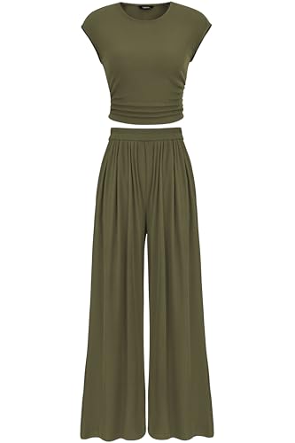 PRETTYGARDEN Women's Summer 2 Piece Outfits 2026 Cap Sleeve Ruched Slim T Shirt Ribbed Knit Wide Leg Pant Sets Tracksuit(Army Green,Large)