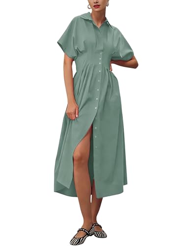Image of Yeokou Shirt Dress for Women Summer Casual Short Sleeve Button Down Loose Pleated Maxi Sundress with Pockets