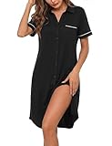Bresdk Chemise de Nuit Femme Manches Courtes Boutonnée Robe d'Intérieur Douce et Respirante, Vêtement d'allaitement et Hôpital, Loungewear, Noir, M
