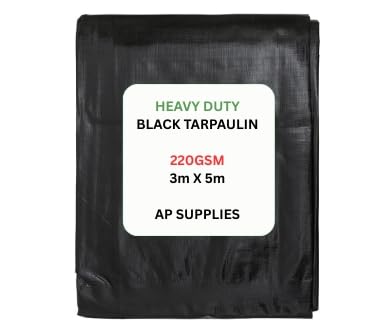 AP Supplies Black Tarpaulin 220gsm 3m x 5m – Waterproof Cover with Reinforced Edges & Rust-Resistant Eyelets – Durable Polyethylene Outdoor Sheet for Construction, Garden & Camping