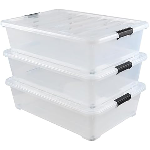 Gloreen 3 Pack Large Under Bed Storage Boxes with Wheels, 50 Quart Clear Plastic Lidded Storage Bins Cover