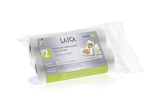 2 rollos de plástico gofrado de 20x600 cm. Laica VT3508 especial para el envasado al vacío de alimentos, libre de BPA.
