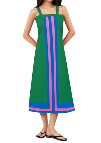 Image of calbatic Women Color Block Sleeveless Striped Maxi Dress Square Neck Backless Casual Flowy Summer Dress Small Green