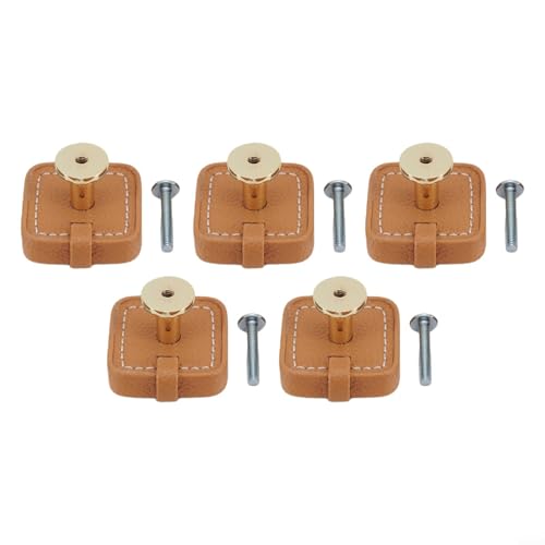 Jotekonoby Paquete de 5 tiradores redondos de cuero marrón para cajones y pomos con base de aleación de zinc resistente para cocina, baño, tocador, armario y armario (B)