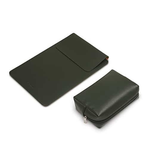 Image of Enthopia 15-15.4 Inch Slim Laptop Sleeve for 15 Inch MacBooks /Other 15 Inch Slim Laptops Protective Cover with Organiser Pouch for Mouse,Charger,Hard Disk,Pen Drive,etc - Vegan Leather (Olive Green)