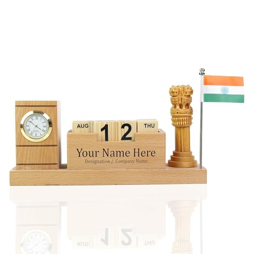Image of Deskart Customized Multipurpose Pen Holder Stand with Ashok Stambh and Indian National Flag | Premium Wooden Desk Organizer for Office and Occassional Gifting