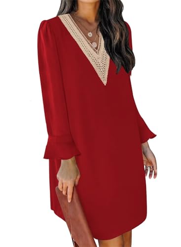 QACOHU Fall Dresses for Women 2025 Casual V Neck Long Sleeves Flowy Mini Tunic Dress