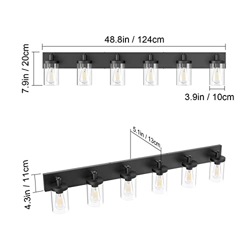 Aipsun 48in Vanity Light Black Bathroom Vanity Lighting Fixtures 6 Light Bathroom Light Fixtures with Clear Glass Shade(Exclude Bulb) by Aipsun - Image 3