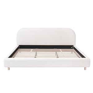 Merax King Size Teddy Fleece Thick Fabric Upholstered Platform Bed with Curved Shaped Headboard, Wood Bed Frame with Solid Round Legs for Kids Teens Adults, White Merax King Size Teddy Fleece Thick Fabric Upholstered Platform Bed with Curved Shaped Headboard Wood Bed Frame with Solid Round Legs for Kids Teens Adults White
