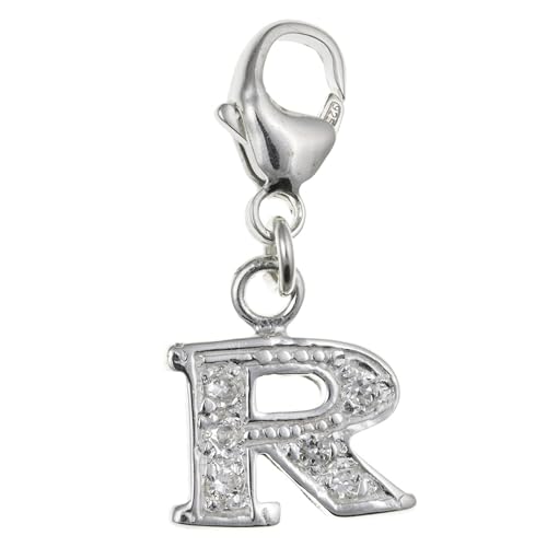 Image of Capital Letter R Alphabet Initial 925 Sterling Silver Clip On Charm Pendant with CZ Cubic Zirconia Stones for Women - Letter Charms Compatible with Thomas Sabo Charms Bracelet Necklace