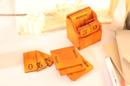 Image of Handmade Wooden Perpetual Desk Calendar | Vintage Wooden Table Calendar for Home & Office Decor (CALENDER 3)