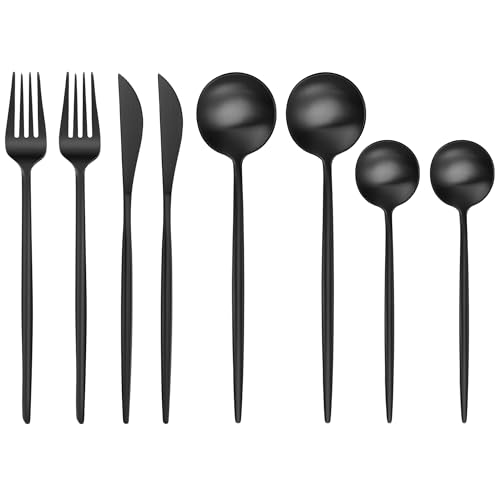 Image of aDai Matte Black Silverware Set | Satin Finish 8-Piece Stainless Steel Flatware Set | Dishwasher Safe Cutlery for Home, Restaurant & Gifting