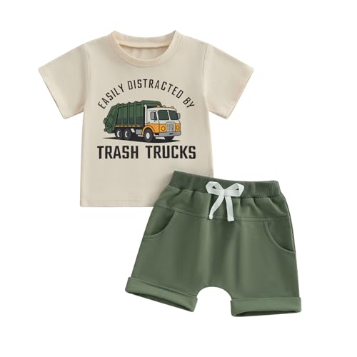 CREAIRY 2Pcs Toddler Baby Boy Garbage Truck Outfit Trash Truck Short Sleeve T-Shirt Tops Shorts Set Summer Clothes (Beige 18-24 Months)