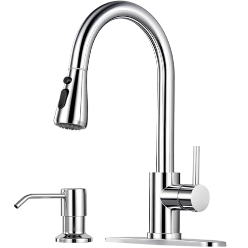 Image of Pull Down Kitchen Faucet with Soap Dispenser - Polished Chrome Single Handle Kitchen Faucets, High Arc Stainless Steel Pull Out Kitchen Sink Faucet with Deck for RV Laundry Farmhouse Bar