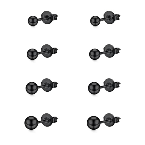 LAURITAMI 4 Paar Ohrstecker Set 3-6mm Kugel Ohrstecker Schwarz 20G Chirurgenstahl Medizinische Ohrstecker Knorpel Ohrstecker für Damen und Herren Mehrfache Piercings Schmuck