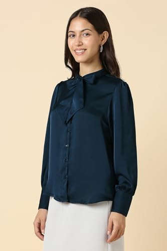 Image of Allen Solly Women's Solid Tie-Up Shirt | Knot-Front Detail | Regular Fit | Soft Breathable Fabric | Smart Casual Wear