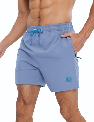 Image of APTRO Mens Swim Shorts Quick-Dry Mesh Lining Summer Beach Shorts 4-Way Stretch Swim Trunks with Zipper Pockets Airy Blue S