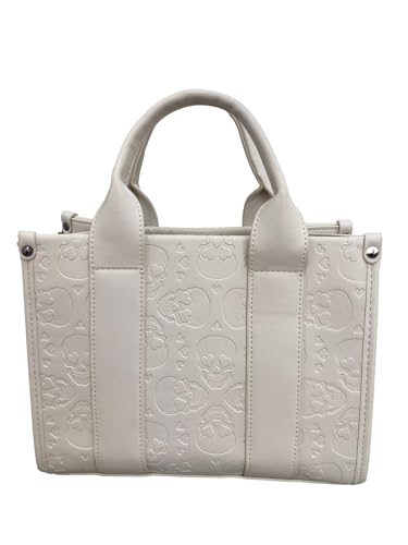 Betsey Johnson XO EVE Allover Skull Embossed Small Chalk Bone Faux Leather Triple Entry Satchel W/Pewter Metal Skull Heart Insignia & Detachable Studded 3 Hearts Dangle Crossbody Shoulder Bag4