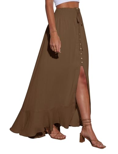 Image of Minclouse Women's Elastic Tie Waist Button Down Maxi Skirts Casual Loose Flowy Swing Slit Front Dress