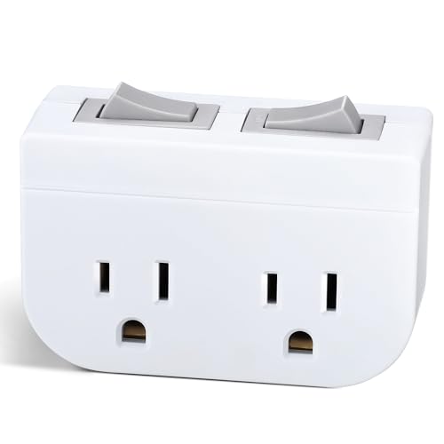 Grounded Double Outlet Power Adapter with Separate On/Off Switch 1 Pack 3 Prong 2 Port Electrical Plug Current Wall Tap for Cruise Ship Hard-to-Reach Lamps Kitchen Appliances 1875W/15A ETL White