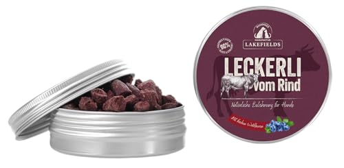 Lakefields Hundeleckerli | Trockenfleischwürfel vom Rind | 50g | 90% Rindfleisch | Getreidefreie Hunde Snacks mit Kartoffeln & Waldbeeren | Knusprige Belohnung für Zwischendurch | Ohne Zusätze