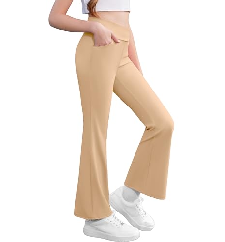 Image of Zaclotre Girls Flare Leggings High Waisted Yoga Pants with Pockets 5-16 Y | Kid Bell Bottoms, Wide Leg Pant, School Uniform, Casual Clothes, V Crossover Waist, Stretchy, Athletic, Dance