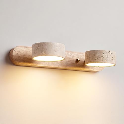 2-Light Stone Wall Sconce Wabi-Sabi Art Lighting Fixture Farmhouse Decor Vanity Light Fixture, Bathroom Travertine Rotatable Wall Lights for Bedroom, Foyer, Entryway,Stairs (Wood Color)