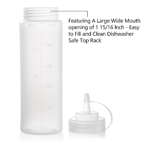 Bekith 12 pack 16 Oz Wide Mouth Plastic Squeeze Condiment Bottles with Twist On Cap Lids and Discrete Measurements, Empty Squirt Bottle For Sauce, Ketchup, Paint