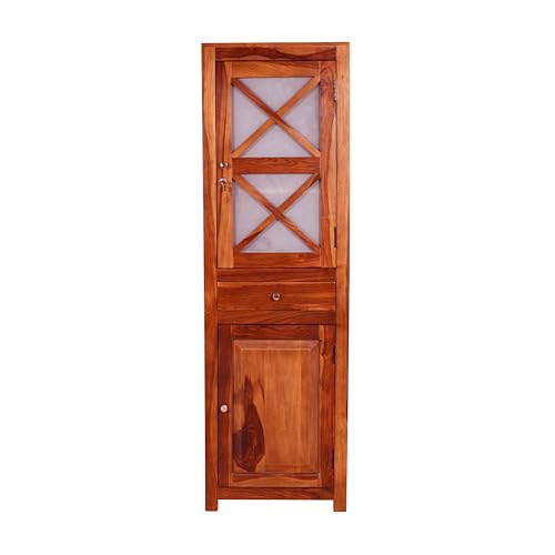 Image of EXCEL Home Cross Pattern Solid Wood 1-Door Wardrobe in Honey Oak Finish