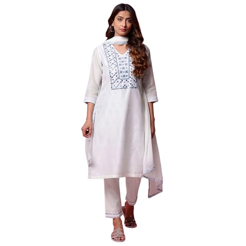 Image of BIBA WOMEN EMBROIDERY NARROW SALWAR KURTA DUPATTA(SKD7402E OFF WHITE 42)