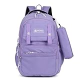 Mochila Escolar Lilás com Múltiplos Compartimentos, Zíperes Brancos, Inclui Bolsa Lateral