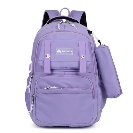 Mochila Escolar Lilás com Múltiplos Compartimentos, Zíperes Brancos, Inclui Bolsa Lateral
