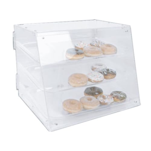 FSE PLDC001 Pastry Display Case, 21" x 17-1/4" x 16-1/2", sloped Front, hinged Rear Doors, 3 Trays, Non-refrigerated, Acrylic, Clear