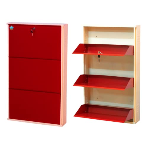 Image of Delite Kom 24 Inch Wide, 3 Shelf Metal Shoe Rack Wall Mounted for Home with Central Lock Holds Upto 9 Shoes or 15 Slippers Pair | 1 Year Warranty | (41 x 24 x 5 Inch, Ivory Brick Red) DIY Space Saving
