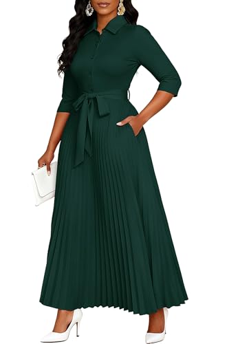 Image of Runwind Maxi Dresses for Women, 3 /4 Sleeve Botton Down Pleated Long Dress with Belt Casual Church Dress with Pockets