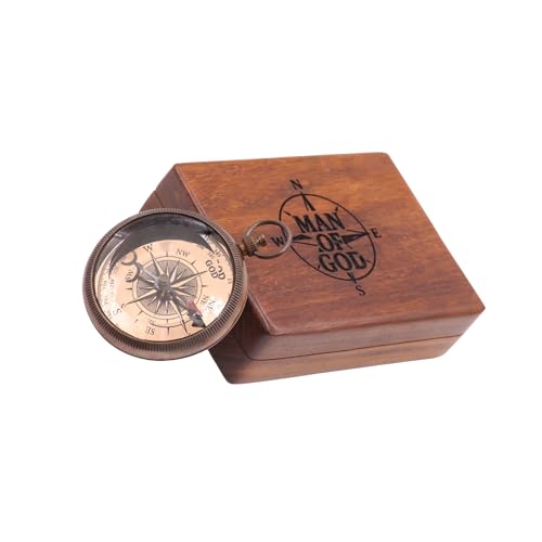 Brújula de latón sólida con caja de madera grabada miniatura 3