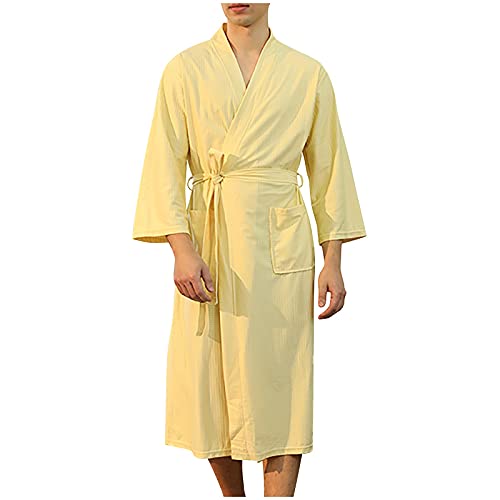 Albornoz mujer tallas grandes, bata larga unisex mullida de forro polar para parejas, suave con cinturón, albornoz para mujer, monocolor, bata de baño de gofre, bata de sauna, bata de baño, amarillo