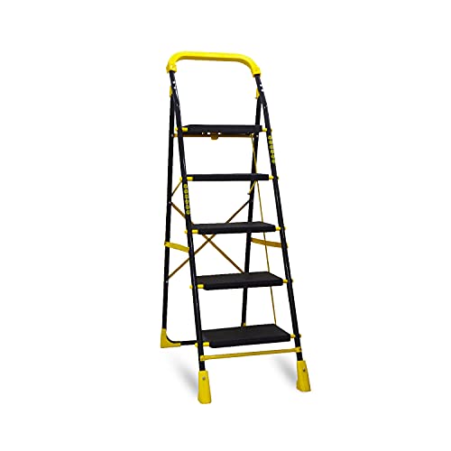 TNT The Next Trend 5 Step Heavy Duty Alloy Steel Foldable Step Ladder with Anti Skid Shoes and Extra Strong Wide Steps (Yellow and Black)