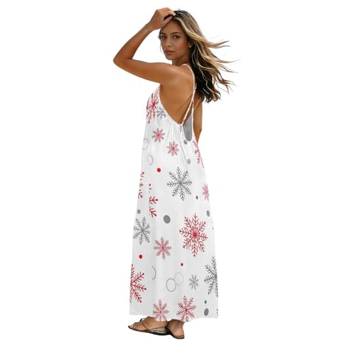 Robe longue dos nu gris et rouge imprimé flocons de neige pour femme stylée