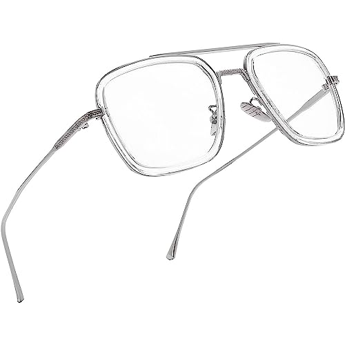 Dervin Blokujące niebieskie światło, niebieskie cięcie zero mocy, antyodblaskowe, kwadratowe okulary retro, oprawka Tony Stark do ochrony oczu przed promieniowaniem UV za pomocą komputera/tabletu /