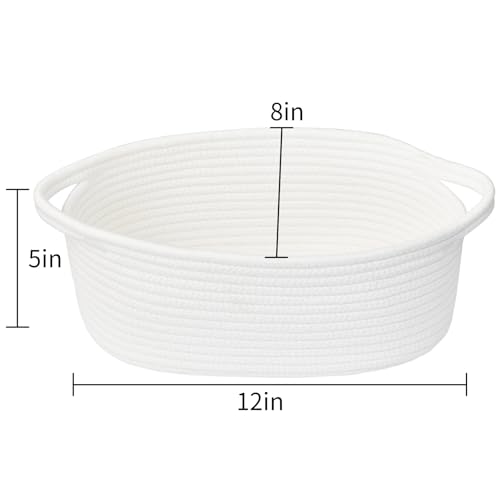 ABenkle Small Basket with Handles, Boho Decorative Rope Woven Dog Cat Toy Storage Bin Shelf Storage Organizer, Easter Christmas Gift Basket, 12"x8"x5", White