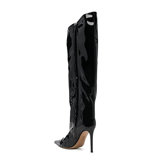 Image of Arqa Knee High Boots for Women Wide Calf 4 in Stiletto High Heel Metallic Boots Winter Chrome Zipper Long Boots Dressy Party Shoes