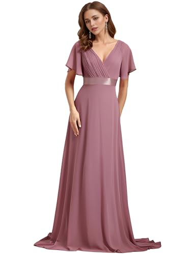 Ever-Pretty A-línea Vestido de Fiesta Cuello en V Manga Corta Gasa Corte Imperio para Mujer Orquídea 52