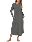 Marvmys Women Long Sleeve Night Shirts Winter Sleep Dress Warm Long Sleepshirts Nursing Nightgowns with Pockets Nightwear Dark Grey XXL