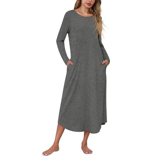 Marvmys Women Long Sleeve Nightgowns Round Neck Long Nightshirts with Pocket Sleepwears S-3XL Small Dark Grey