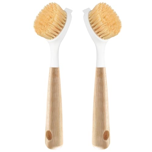 Generic Kitchen Dish Brush Bamboo Handle Dish Scrubber Built-in Scraper, Scrub Brush for Pans, Pots, Kitchen Sink Cleaning, Dishwashing and Cleaning Brushes are Perfect Cleaning Tools 2 Pack, White