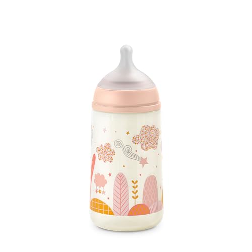 Suavinex Biberón 270 ml Con Tetina Fisiológica SX Pro de Silicona, Válvula Anticólico, Flujo Medio (M) Para Bebés +3 Meses, Dreams Rosa