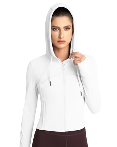 QUEENIEKE Womens Gym Tops with Hooded Full Zip up Running Jacket Long Sleeve Top Hoodies With Thumbholes