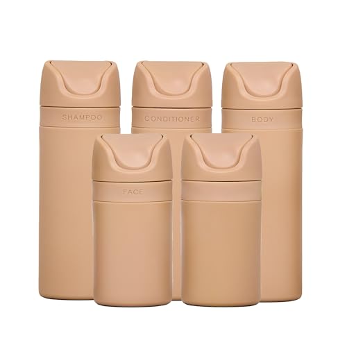 Image of RIES Essential Refillable Toiletry Travel Bottles Airless Pump Set | TSA Approved, Leak Proof Airless Pump, BPA Free Recycled Plastic, 5 Piece Sand Color Set, Dishwasher Safe